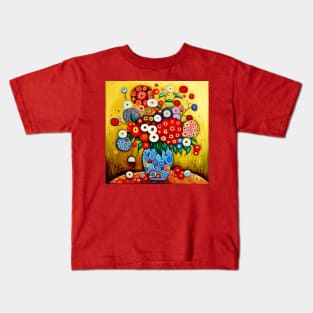 Red and White Flowers in a Blue Vase Still Life Painting Kids T-Shirt